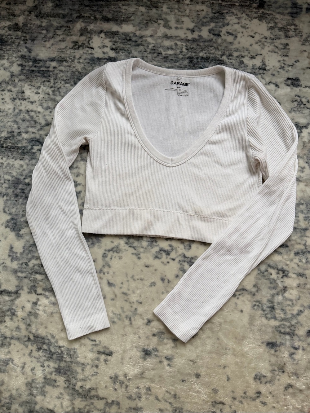 Garage Cream Ribbed V-Neck Long Sleeve Cropped Top